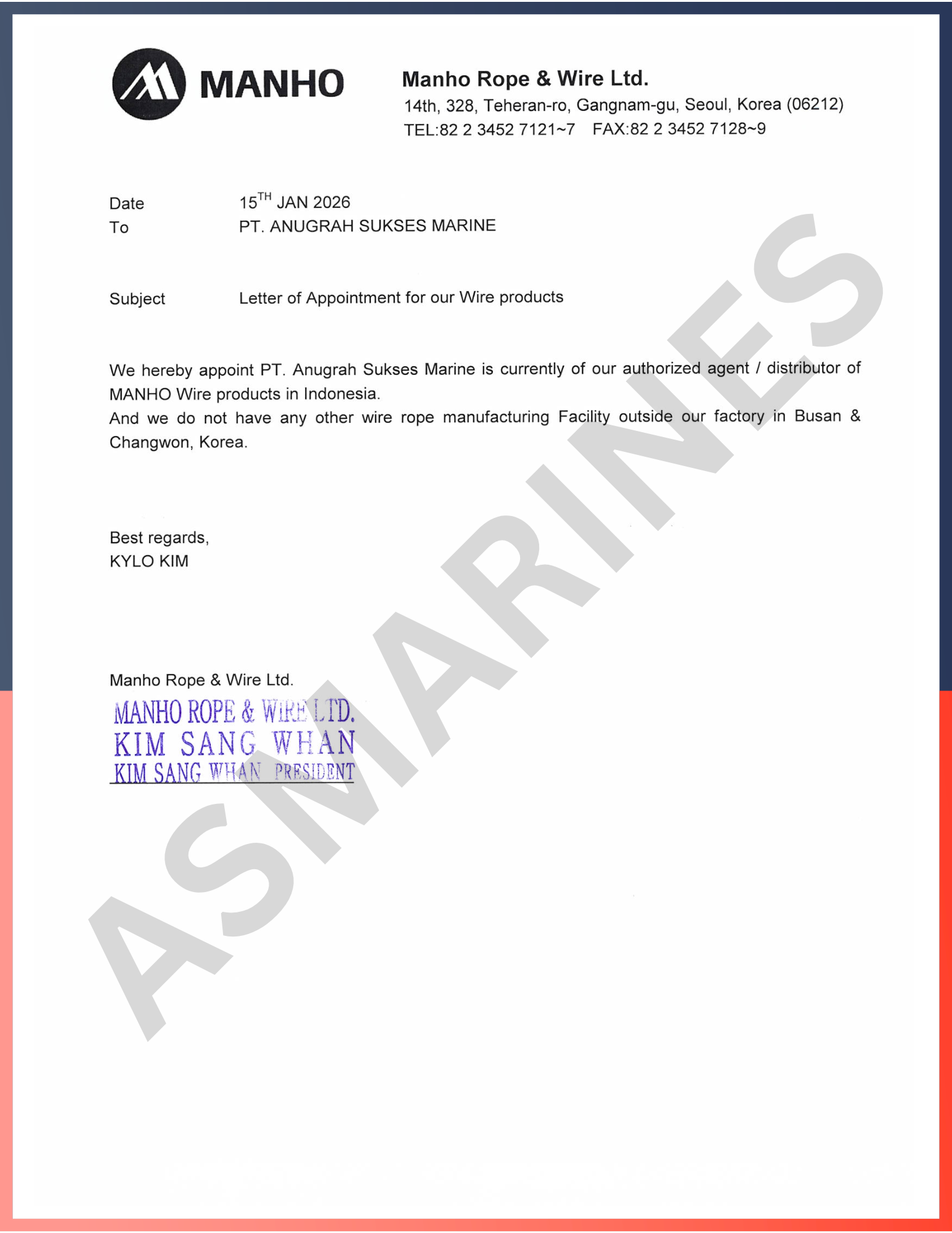 Agency Letter Manho Wire Rope 2026